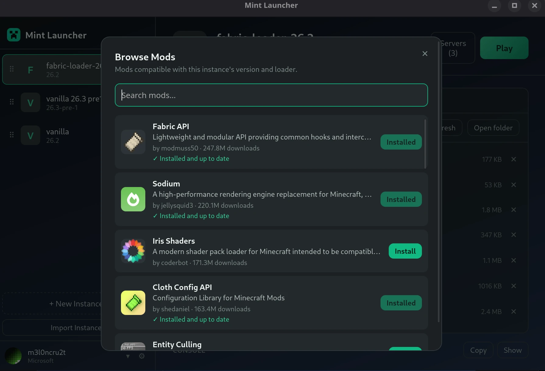 Mint Launcher's Browse Mods window showing Modrinth mod search results
