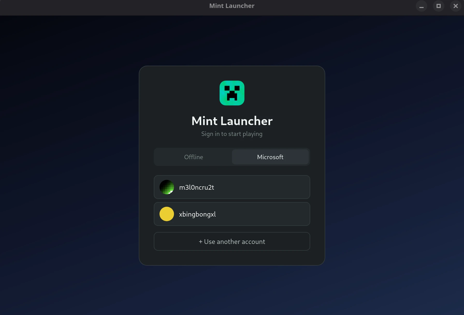 Mint Launcher's sign-in screen with Offline and Microsoft account options