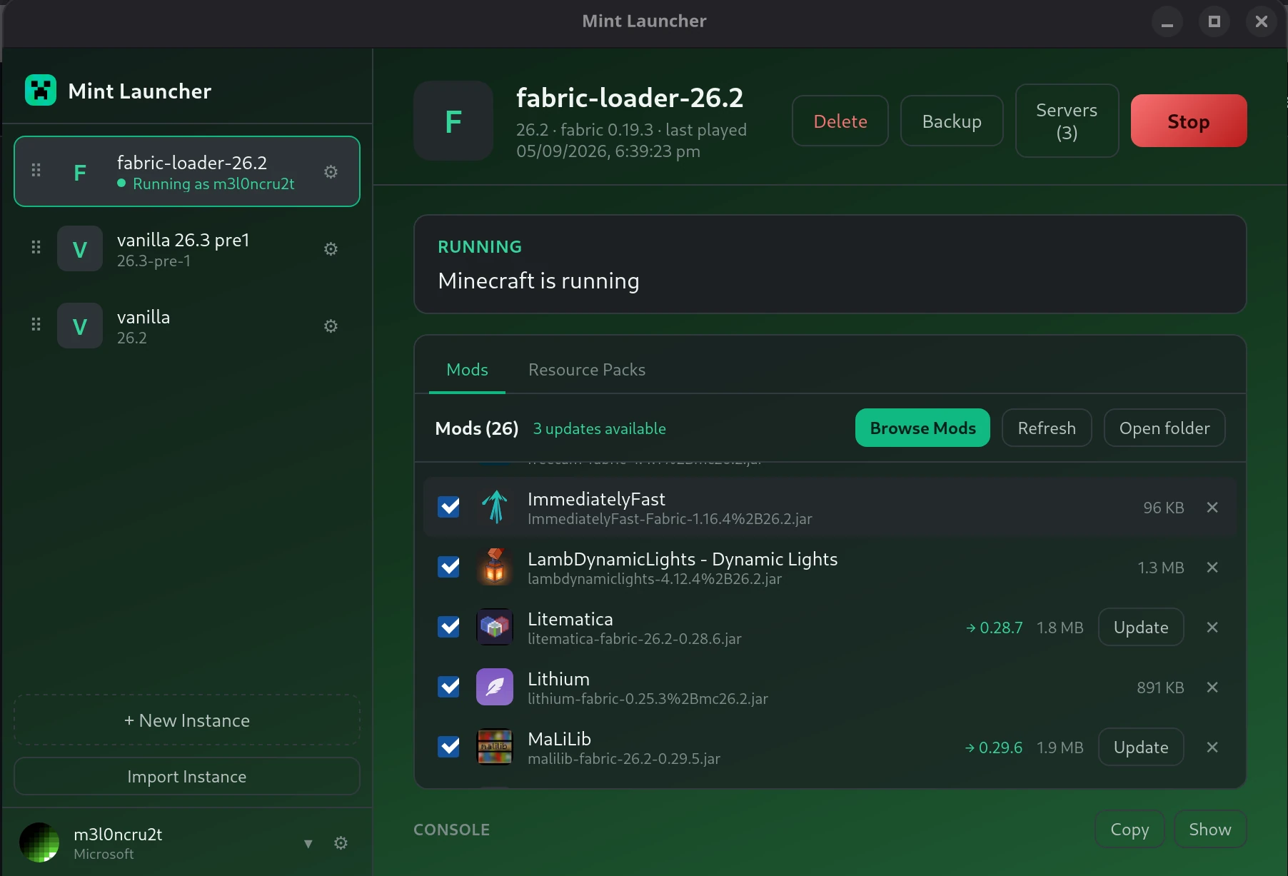 Mint Launcher showing an instance running, with a Stop button and live status